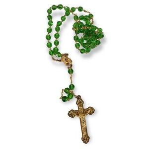 GORGEOUS St. Benedict green crystal~2 tone rosary~Italy~Handmade~‎